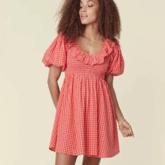 SPELL Mini Dress Strawberry Fields Pink Orange Seersucker Gingham XS NWT - Picture 1 of 7